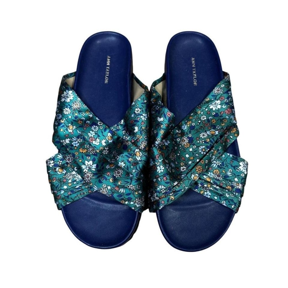 Ann Taylor Women's Floral Slide Sandals Navy Blue Green Floral Print Size 8.5